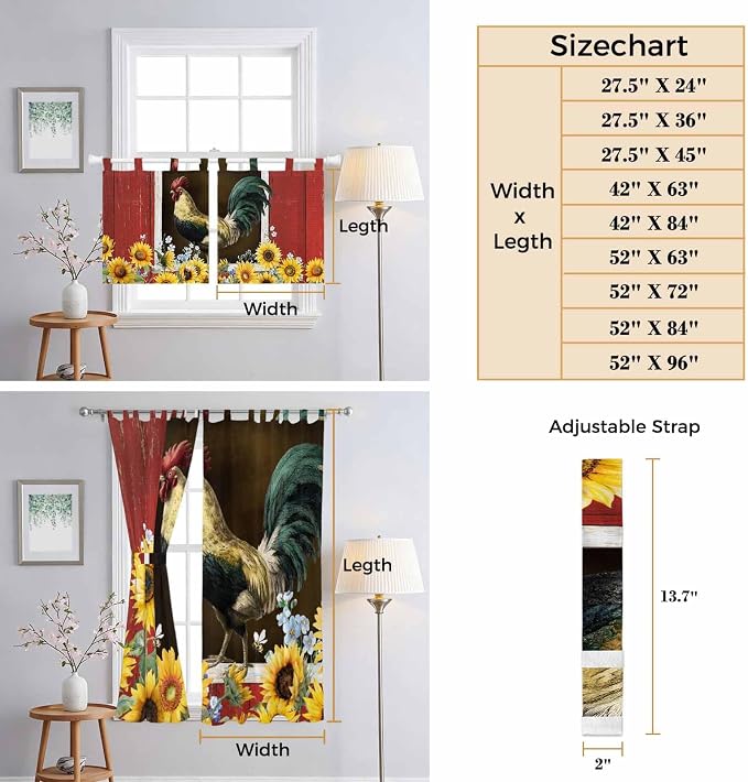 Chicken Sunflowers Kitchen Curtains 45 Inch Length, Short Cafe Window Curtains - Image 8