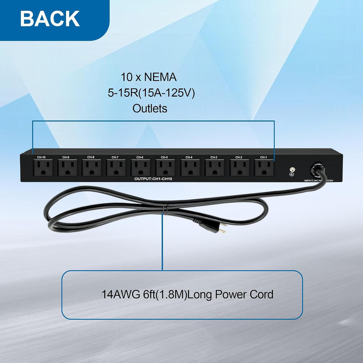 1U Horizontal PDU 19" Rack Mount Power Strip - Surge Protector