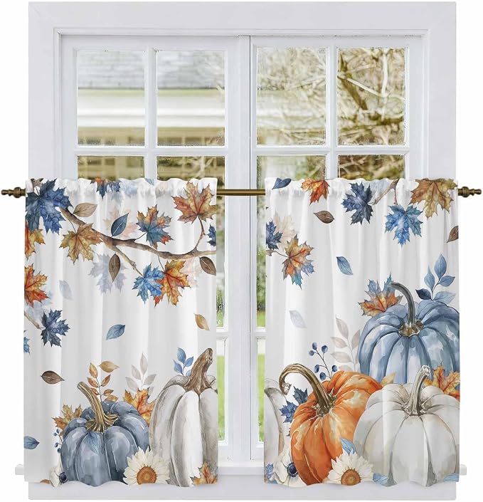 Navy Blue Pumpkin Fall Kitchen Tier Curtains 45 Inch Long 2 Panel Set, Rod - Image 2