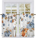 Navy Blue Pumpkin Fall Kitchen Tier Curtains 45 Inch Long 2 Panel Set, Rod - Image 2