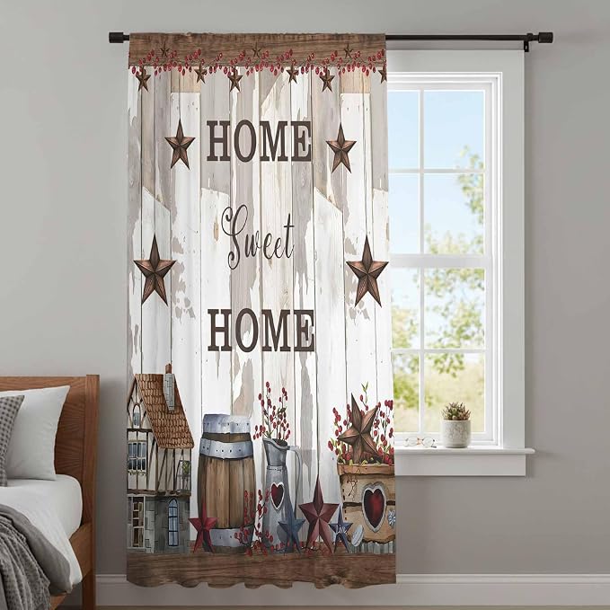 Farmhouse Sheer Curtains 54 Inch Length Retro Country Star Berry Vintage Wood - Image 4