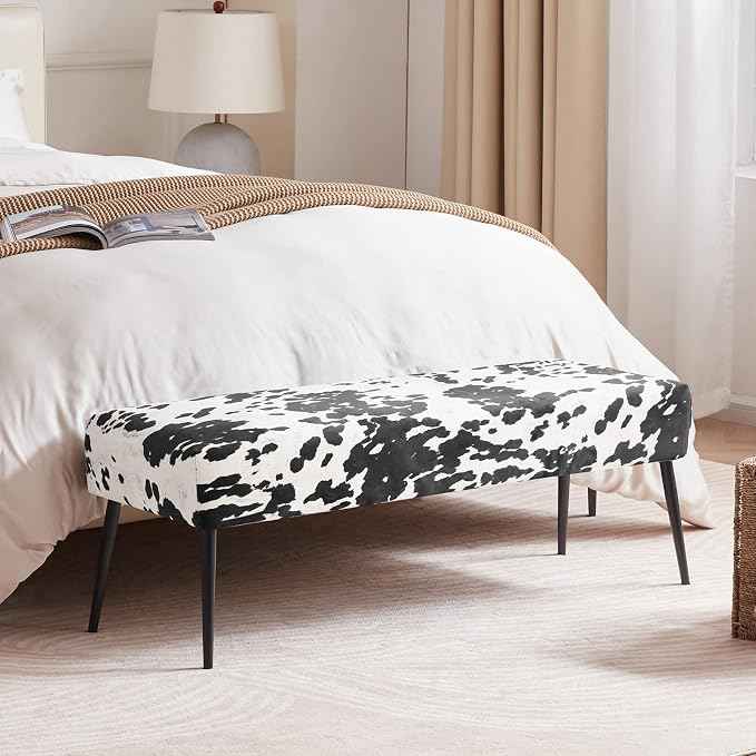 DUHOME Velvet Bench Ottoman, Upholstered Bedroom Benches Cow Print End of Bed