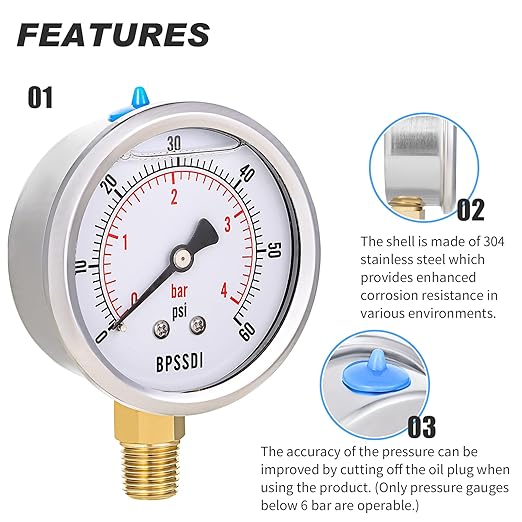 0-60 Psi Glycerin Liquid Filled Low Pressure Gauge, 2.5" Dial Size, 1/4" NPT - Image 4