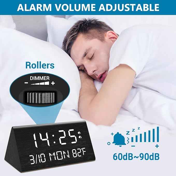 Kogonee Wooden Digital Alarm Clock, 0-100% Dimmer, 2 Alarm Settings,