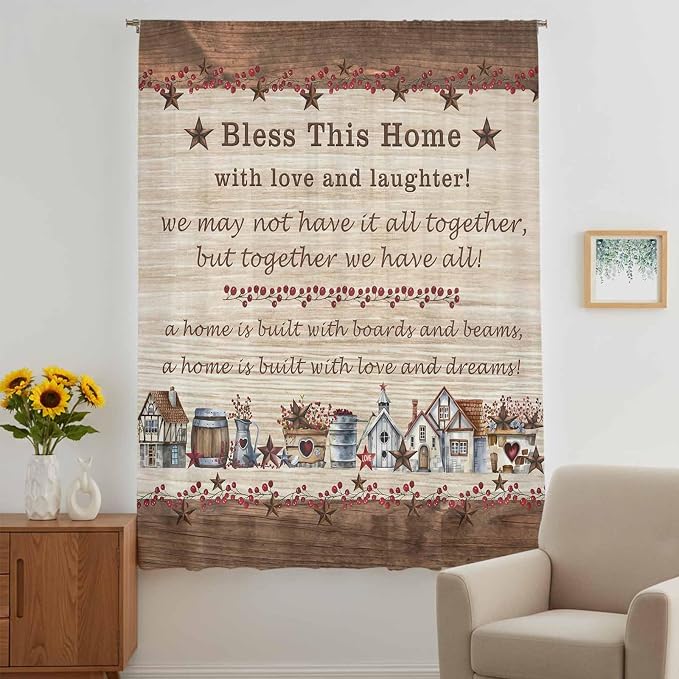 Farmhouse Sheer Curtains 96 Inch Length Brown Country Star Berry Vintage Wood - Image 5