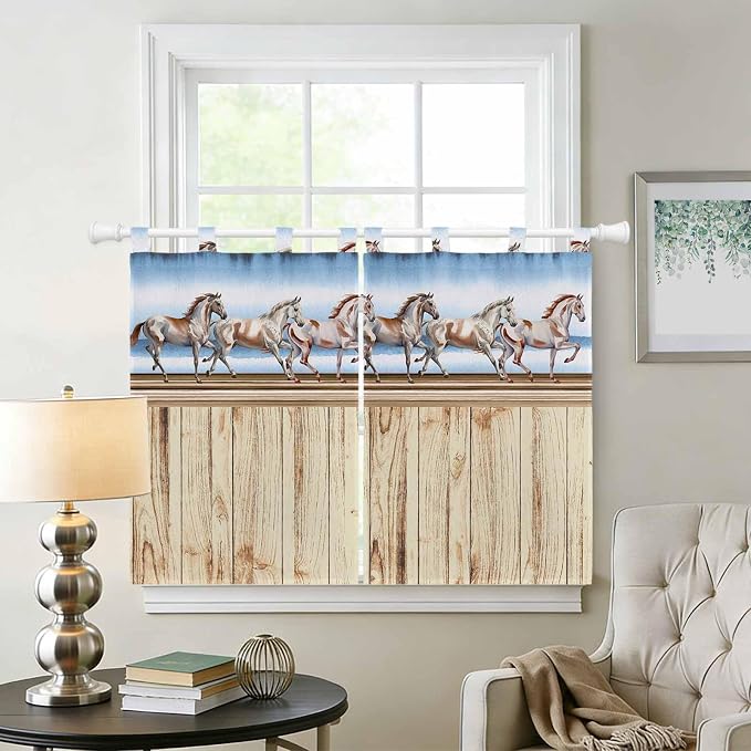 Western Horse Kitchen Curtains 45 Inch Length, Short Cafe Window Curtains Tab - Image 2