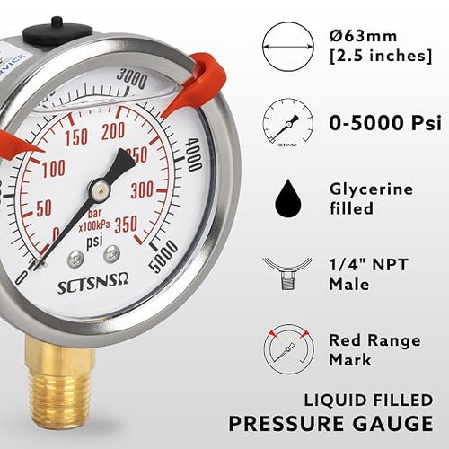 0 to 5000 Psi Hydraulic Pressure Gauge, Glycerin Liquid Filled, 2.5 inch Dial - Image 2