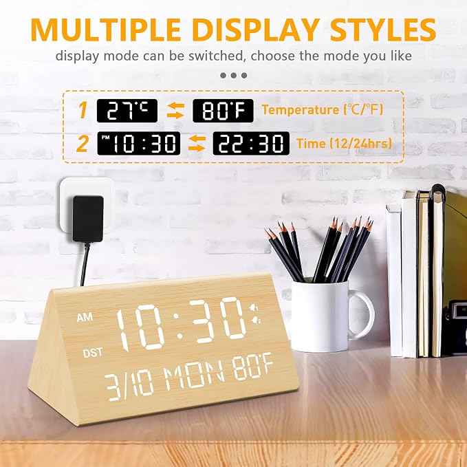 Kogonee Wooden Digital Alarm Clock, 0-100% Dimmer, 2 Alarm Settings,