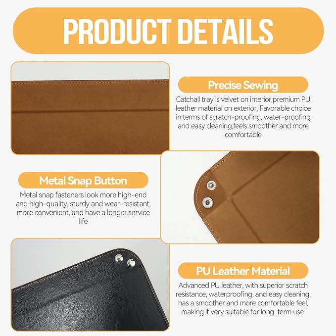 PU Leather Jewelry Valet Tray for Women and Men, Premium Catchall Tray for Keys - Image 6