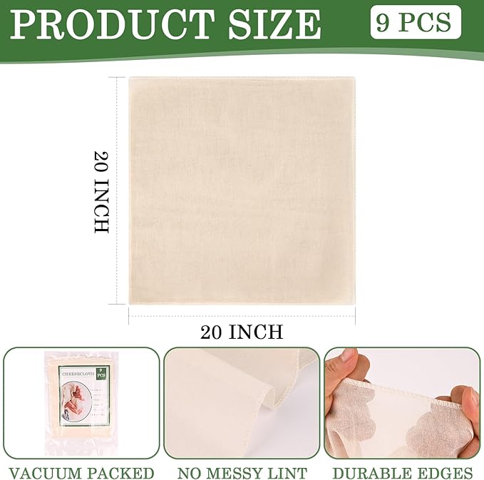 WMKGG 9 PCS Reusable Unbleached Cotton Cheese Cloth 20x20 Inch, Grade 100 - Image 4