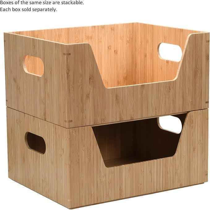 Bamboo Storage Box with Open Front Stackable Bin Organizer to use in kitchen