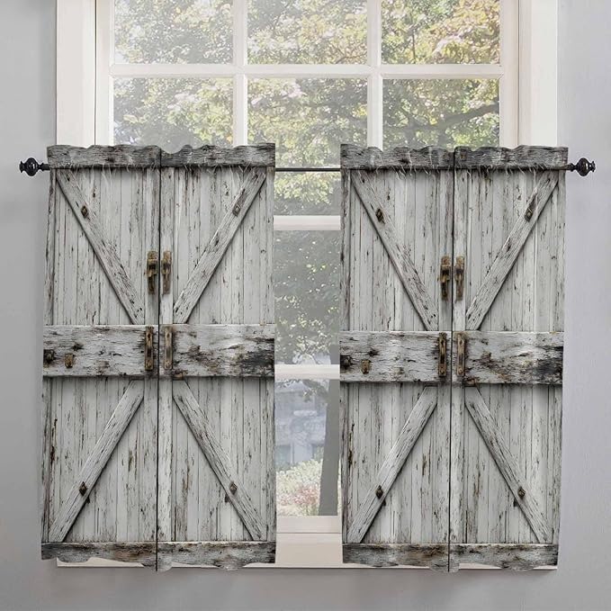 Vintage Gate Kitchen Curtains 54 Inches Length, Farmhouse Wooden Grain Shabby - Image 2