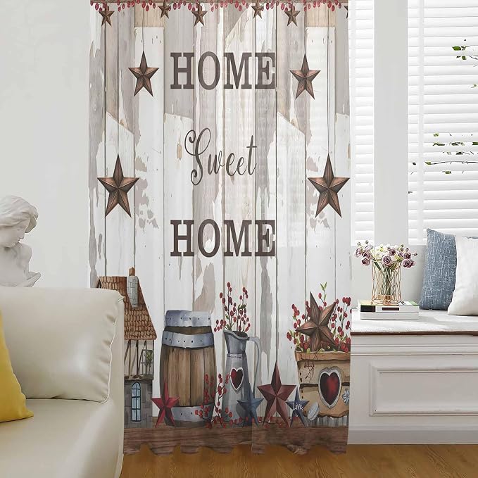 Farmhouse Sheer Curtains 72 Inch Length Retro Country Star Berry Vintage Wood by Unknown