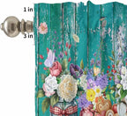 Spring Flowers Kitchen Curtain Set, Farmhouse Watercolor Teal Wood Grain Window - Image 5