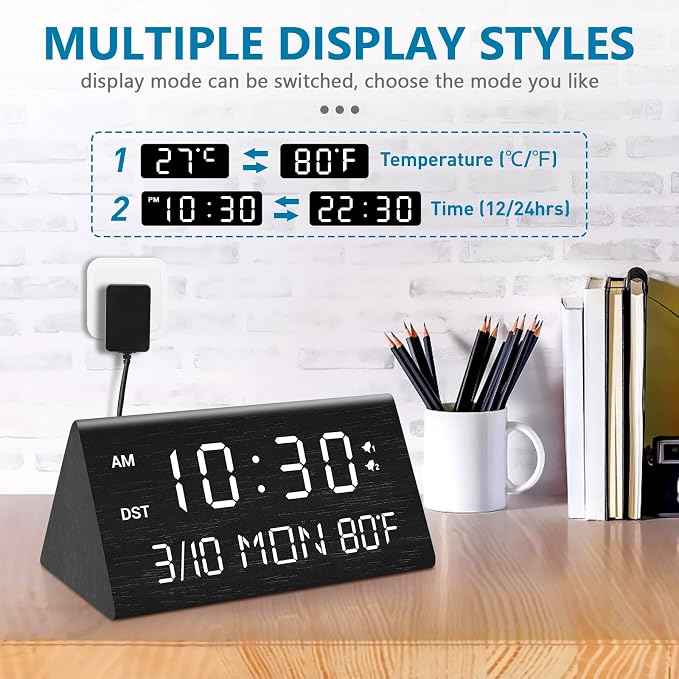 Kogonee Wooden Digital Alarm Clock, 0-100% Dimmer, 2 Alarm Settings,