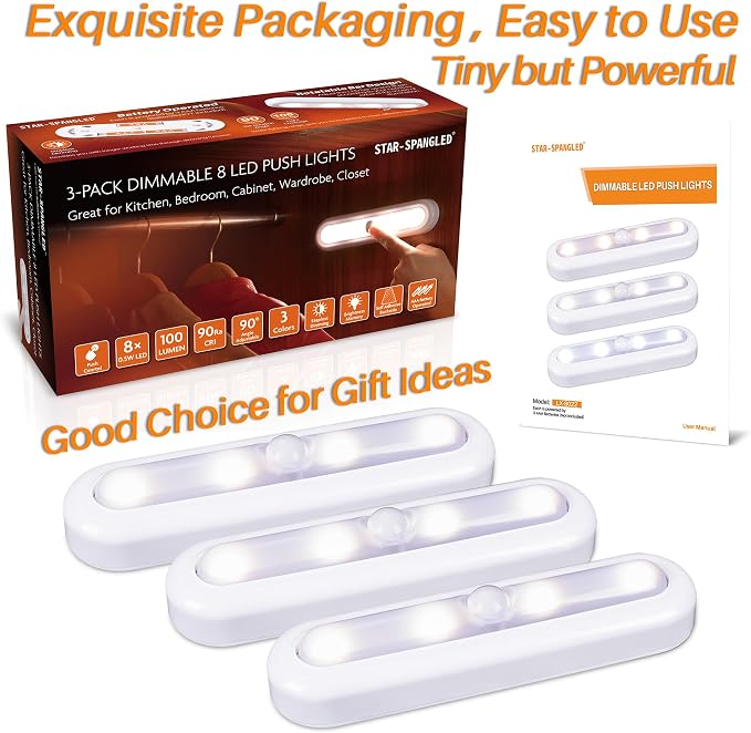 STAR-SPANGLED 3 Pack 7” Dimmable Push Tap Lights, Stick on LED Touch Lights AAA - Image 7