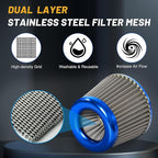 3" 76mm Universal High Flow Cold Air Intake Air Filter Upgraded Stainless Steel - Image 2
