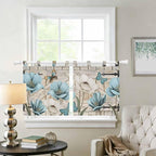 Teal Blue Tulips Kitchen Curtains 24 Inch Length, Small Window Curtains Tab Top - Image 2
