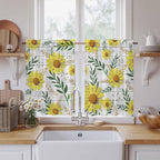 Yellow Daisy Kitchen Curtains, Farmhouse Country Flower Leaf Plant Wood Grain - Image 2