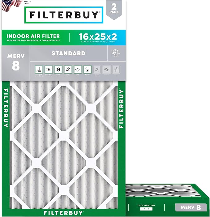 Filterbuy 16x25x2 Air Filter MERV 8 Essential Dust & Allergy Defense, by Filterbuy