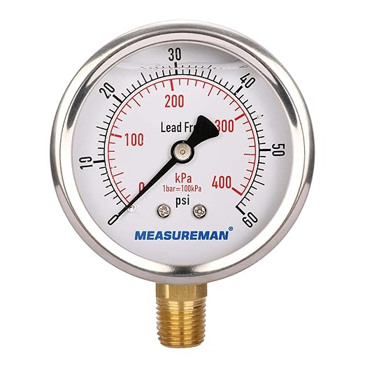 MEASUREMAN Lead-Free Pressure Gauge, 2-1/2inch Dial, Glycerin Filled, by MEASUREMAN