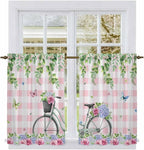 Spring Kitchen Curtains, Bicycles Leaves Butterfly Flowers Pink Buffalo Plaid - Image 2