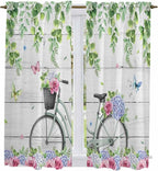 Spring Kitchen Curtains, Bicycles Botanical Rose Leaves Butterfly Wood Grain by Unknown