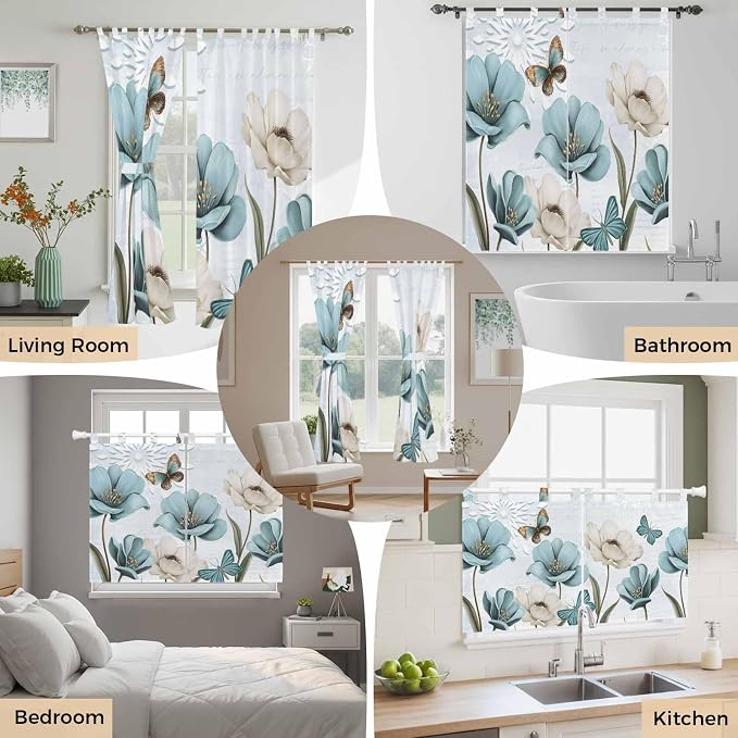 Blue Tulips Kitchen Curtains 45 Inch Length, Short Cafe Window Curtains Tab Top - Image 7