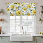 Yellow Daisy Tier Curtains, Farmhouse Country Flower Leaf Plant Wood Grain - Image 2