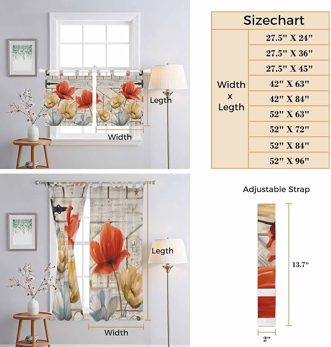 Retro Floral Kitchen Curtains 36 Inch Length, Small Window Curtains Tab Top - Image 8