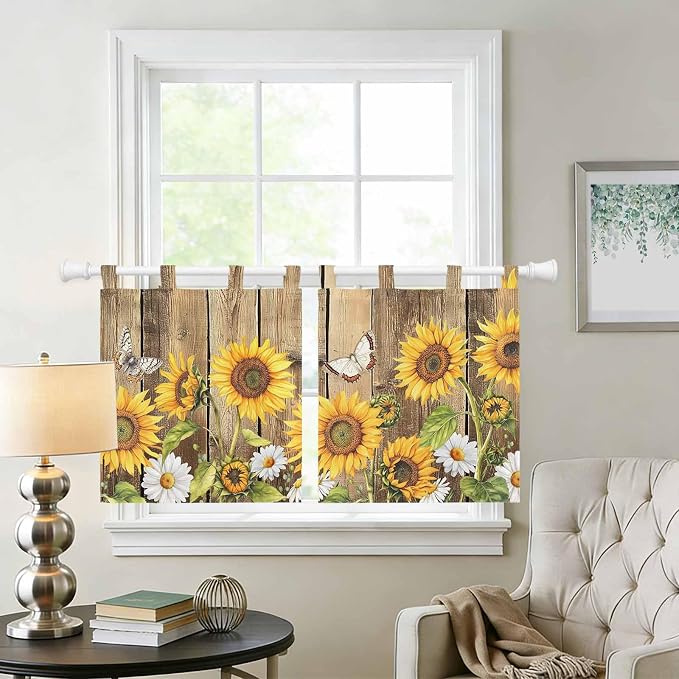 Farmhouse Sunflowers Kitchen Curtains 36 Inch Length, Small Window Curtains Tab - Image 2
