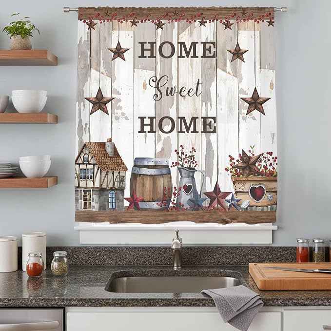 Farmhouse Sheer Curtains 108 Inch Length Retro Country Star Berry Vintage Wood - Image 8