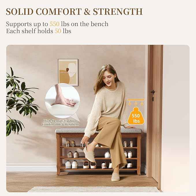 Rubber Wood Shoe Bench with Storage, Flip-Top Soft-Close Lid, Adjustable Shelves