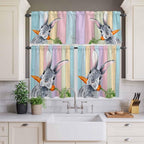 Easter Kitchen Curtain Set, Spring Grey Rabbit Carrots Colorful Wooden Plank - Image 3
