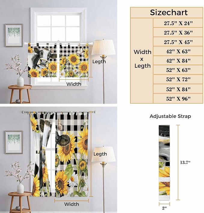 Retro Sunflowers Bathroom Curtains 63 Inch Length, Window Curtains Tab Top - Image 8