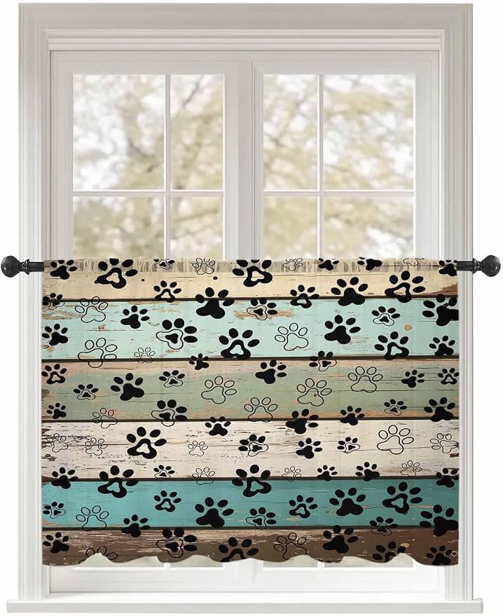 Sheer Curtains 45 Inch Length, Sage Green Brown Paw Prints Semi Sheer Curtains by Unknown