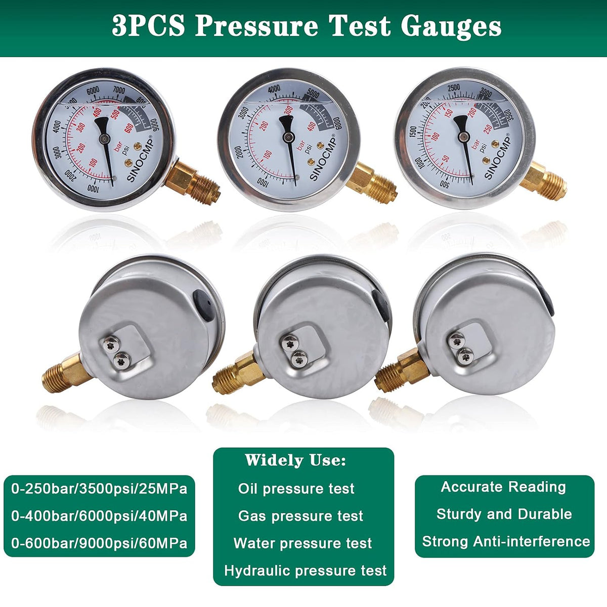 Hydraulic Pressure Gauge Kit 3Pcs 25MPa 40MPa 60MPa with Test Hoses