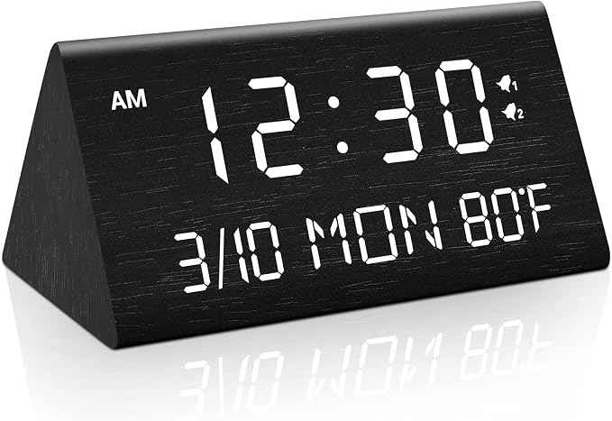 Kogonee Wooden Digital Alarm Clock, 0-100% Dimmer, 2 Alarm Settings,