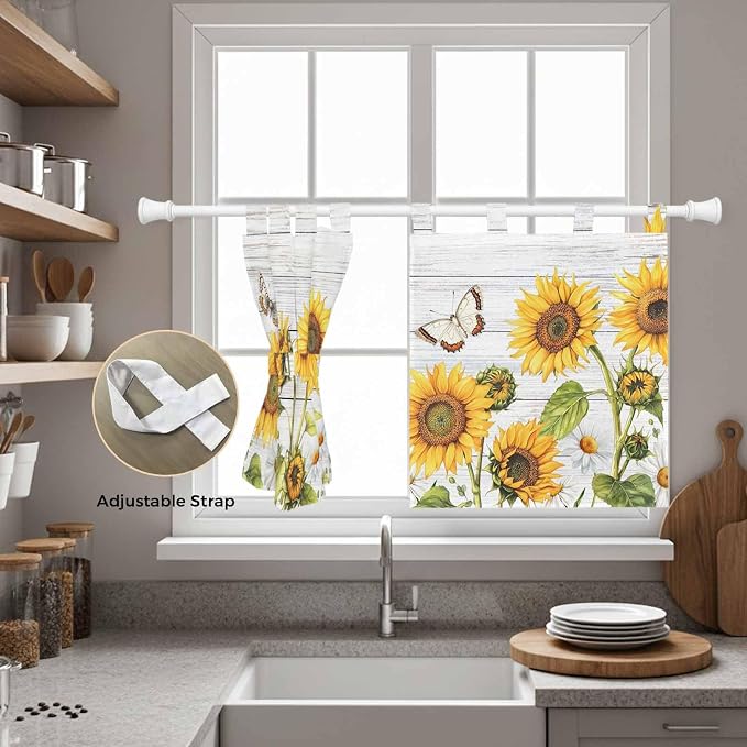 Yellow Sunflowers Kitchen Curtains 24 Inch Length, Small Window Curtains Tab Top - Image 5