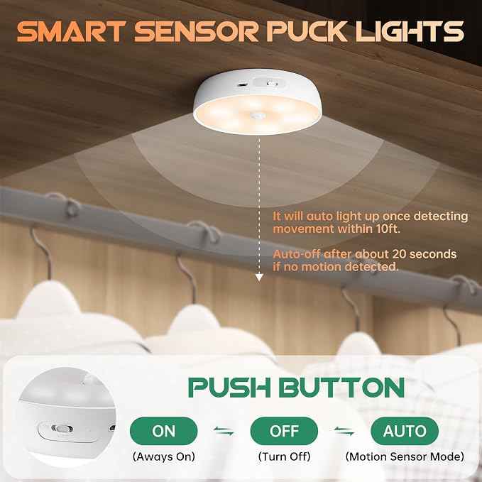 Warm Color LED Closet Lights Motion Sensor Puck Light, USB Rechargeable Battery