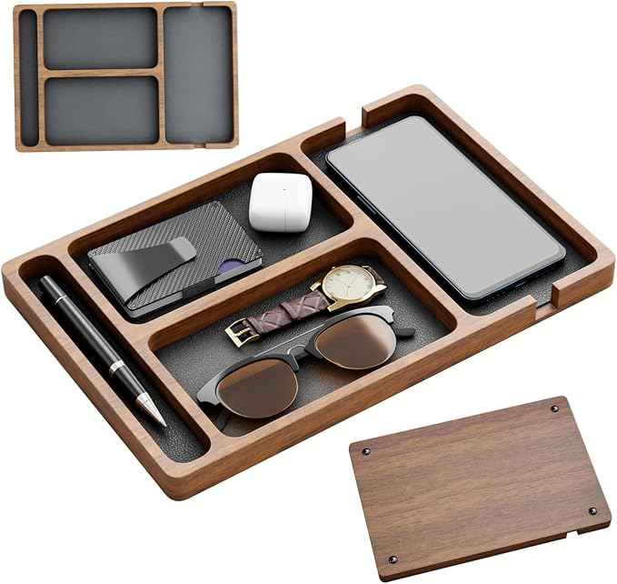 Wooden Valet Tray with Leather Inlay, Compartment Nightstand Catch All Organizer