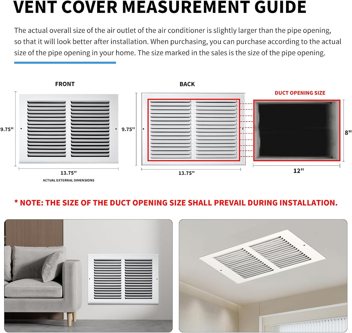 12x8 Vent Cover(Duct Opening Size),Air Return Vent Cover,Flat Vent