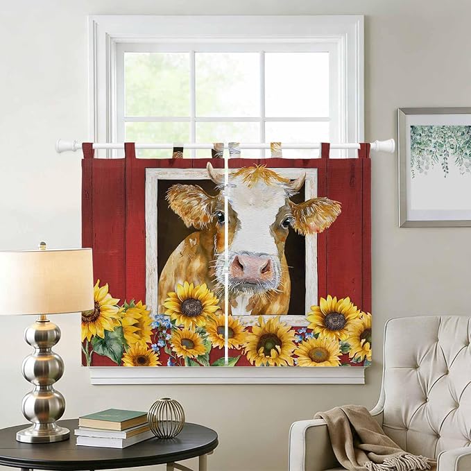 Cows Sunflowers Kitchen Curtains 45 Inch Length, Short Cafe Window Curtains Tab - Image 2