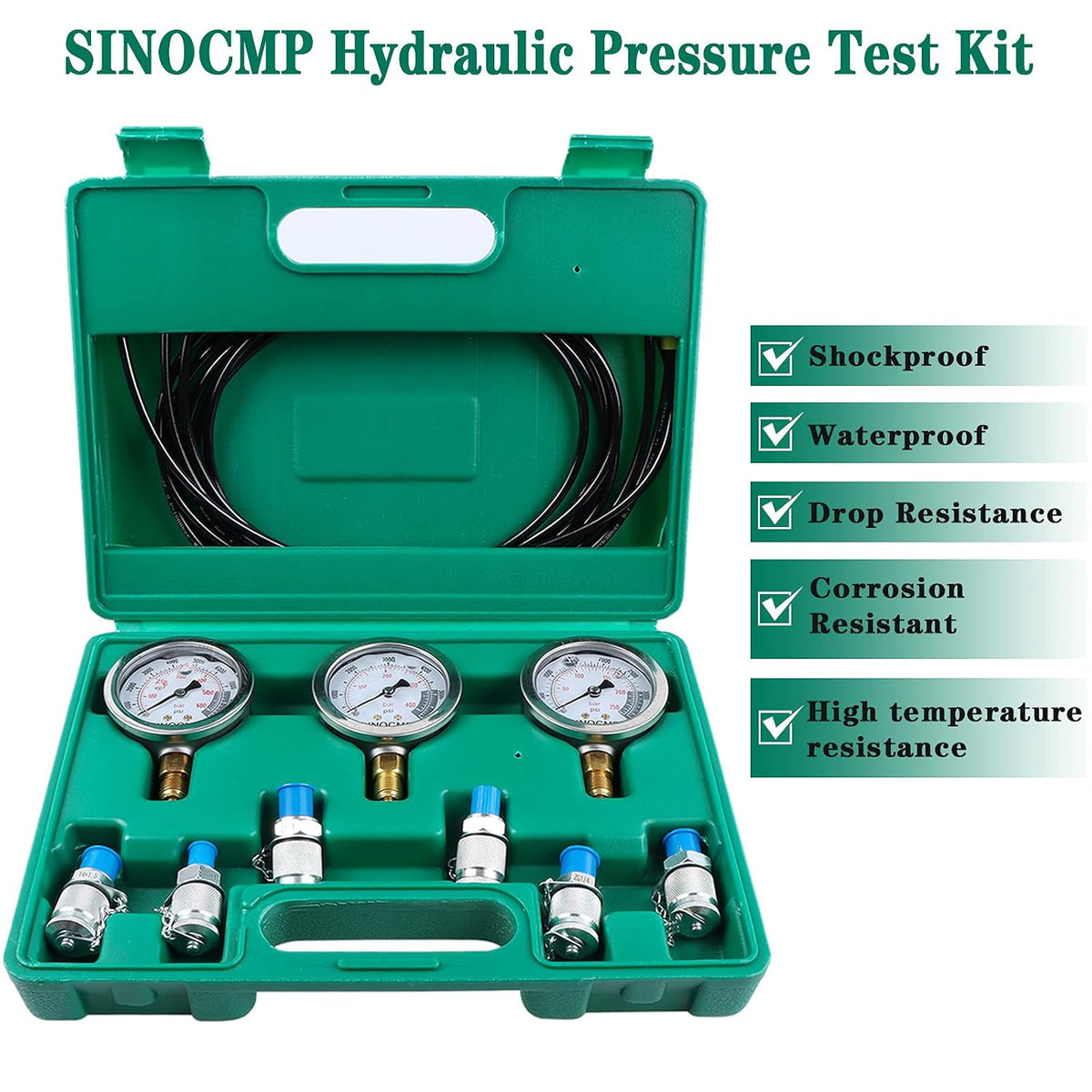 Hydraulic Pressure Gauge Kit 3Pcs 25MPa 40MPa 60MPa with Test Hoses