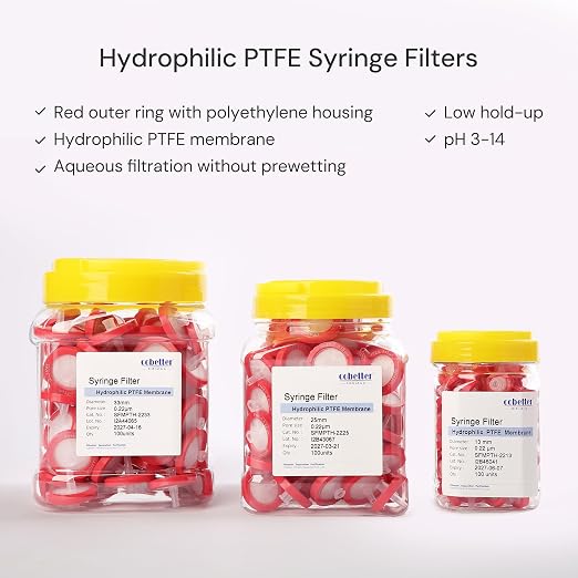 100 Pack Syringe Filter PTFE hydrophilic Lab Filters 0.45μm Pore Size 25mm - Image 3