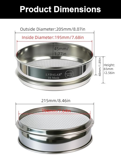 All 304 Stainless Steel 10 Mesh Test Sieve, 8 Inch/20cm Diameter, Lab Sifter & - Image 5