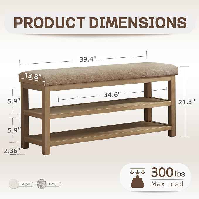 2 Tier Shoe Rack Bench with Cushion, Solid Wood Shoe Benches, Mid-Century