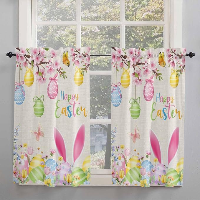 Happy Easter Tier Curtains 45 Inches Long, Spring Farmhouse Bunny Eggs Flower - Image 2