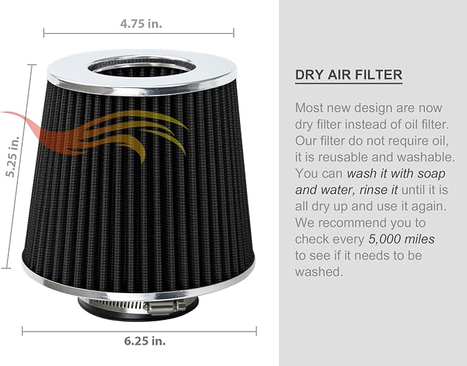 BLACK 2.5" 63.5 mm Inlet Cold Air Cone Replacement Performance Washable - Image 9