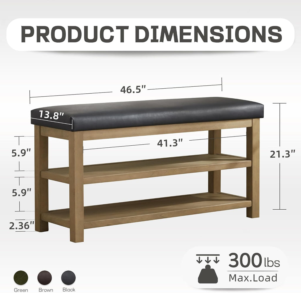 Shoe Rack Bench with Leather Cushion, 2 Tier Solid Wood Storage Bench